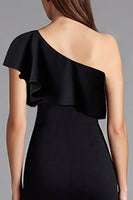 Load image into Gallery viewer, Satin Ruffled Shoulder Long Black Tie Dress with Slit