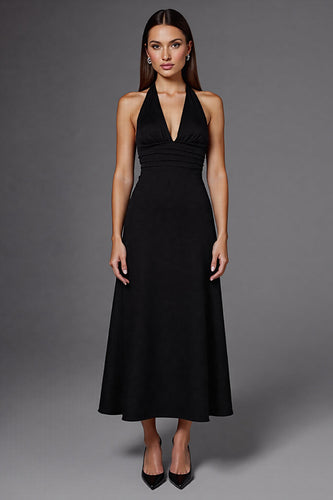 Halter Satin A Line Backless Long Black Tie Dress