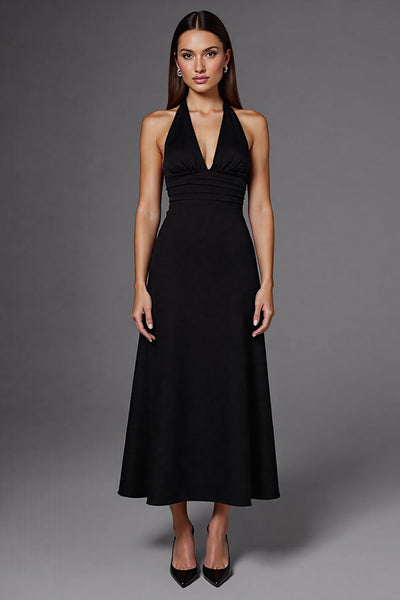 Halter Satin A Line Backless Long Black Tie Dress