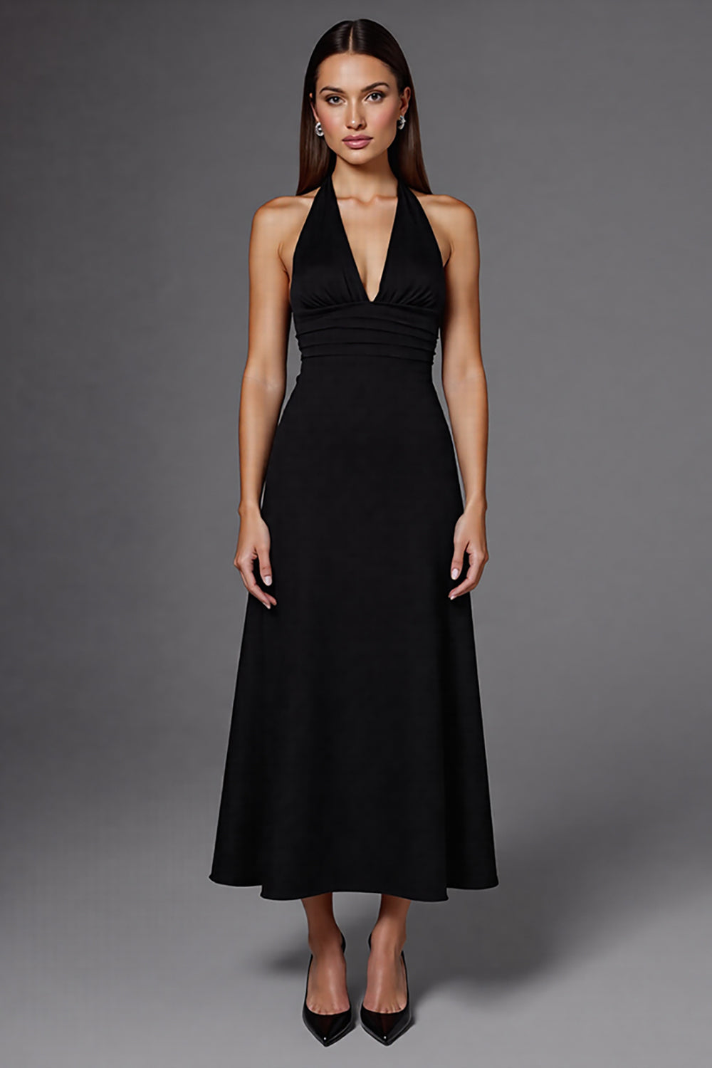 Halter Satin A Line Backless Long Black Tie Dress