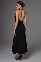 Load image into Gallery viewer, Halter Satin A Line Backless Long Black Tie Dress