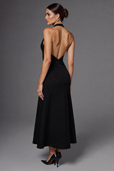 Halter Satin A Line Backless Long Black Tie Dress