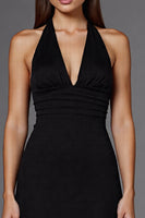 Load image into Gallery viewer, Halter Satin A Line Backless Long Black Tie Dress