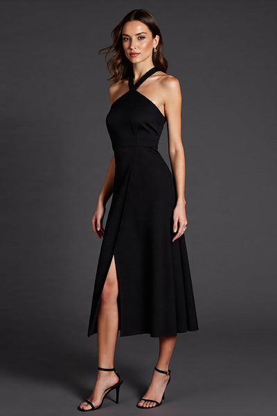 Black Halter Satin A Line Midi Work Dress with Slit