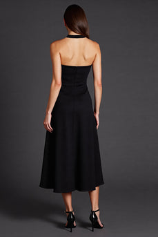 Black Halter Satin A Line Midi Work Dress with Slit