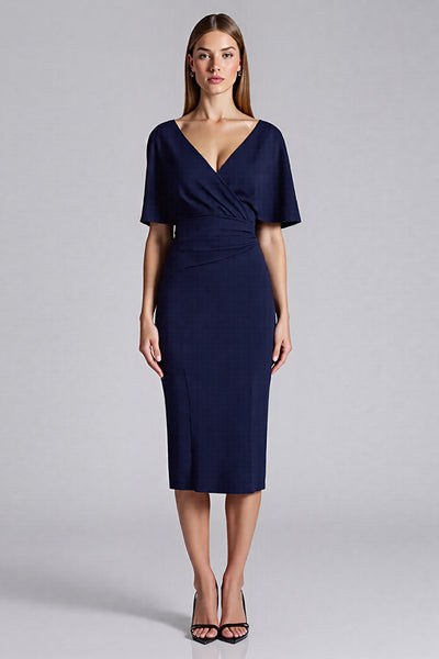 Navy Satin Bodycon V-Neck Midi Work Dress with Ruffles