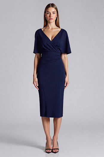 Navy Satin Bodycon V-Neck Midi Work Dress with Ruffles