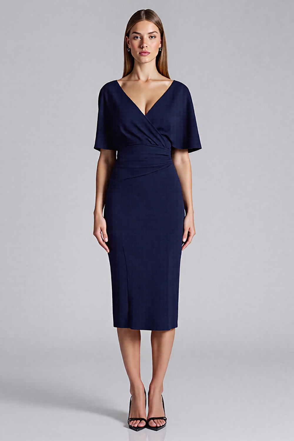Navy Satin Bodycon V-Neck Midi Work Dress with Ruffles
