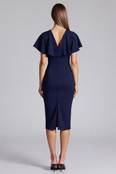 Navy Satin Bodycon V-Neck Midi Work Dress with Ruffles