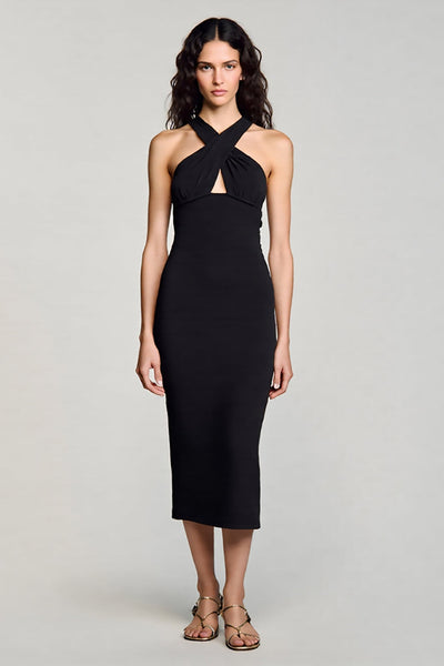 Black Sheath Satin Halter Keyhole Midi Cocktail Dress