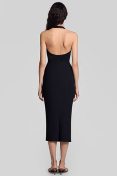 Black Sheath Satin Halter Keyhole Midi Cocktail Dress