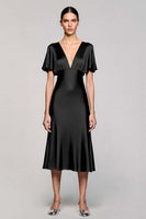 Load image into Gallery viewer, Black A Line V-Neck Midi Satin Work Dress with Ruffles