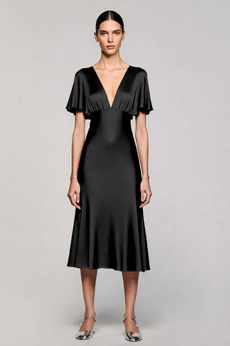 Black A Line V-Neck Midi Satin Work Dress with Ruffles