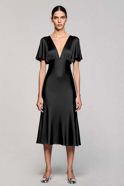 Black A Line V-Neck Midi Satin Work Dress with Ruffles