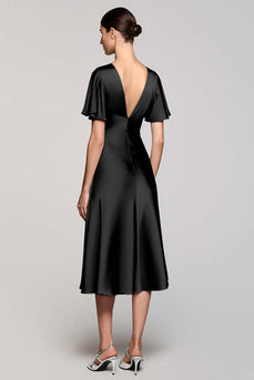Black A Line V-Neck Midi Satin Work Dress with Ruffles
