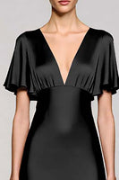 Load image into Gallery viewer, Black A Line V-Neck Midi Satin Work Dress with Ruffles