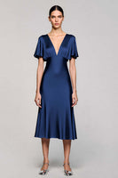 Load image into Gallery viewer, Black A Line V-Neck Midi Satin Work Dress with Ruffles