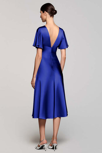 Black A Line V-Neck Midi Satin Work Dress with Ruffles