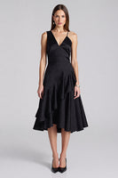 Load image into Gallery viewer, Black A Line Satin V-Neck Midi Work Dress with Ruffles