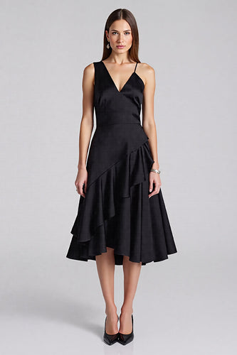 Black A Line Satin V-Neck Midi Work Dress with Ruffles
