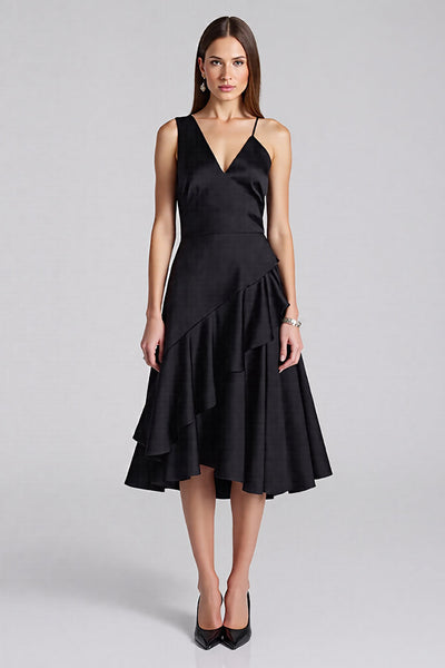 Black A Line Satin V-Neck Midi Work Dress with Ruffles