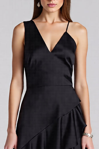 Black A Line Satin V-Neck Midi Work Dress with Ruffles