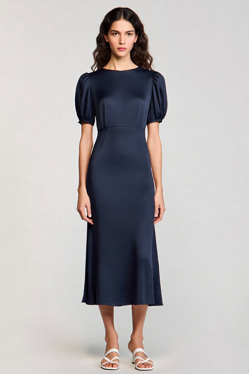 Navy Satin A Line Midi Cocktail Dress with Puff Sleeves