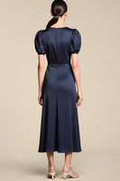 Load image into Gallery viewer, Navy Satin A Line Midi Cocktail Dress with Puff Sleeves