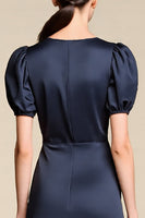 Load image into Gallery viewer, Navy Satin A Line Midi Cocktail Dress with Puff Sleeves
