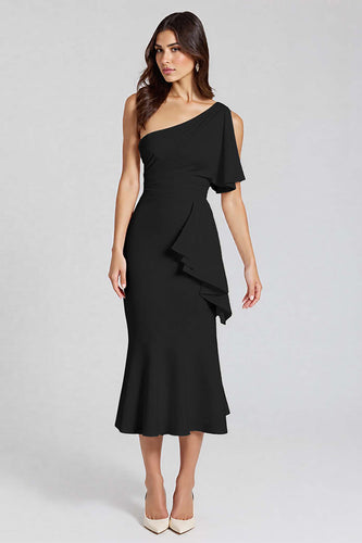 Black One Shoulder Satin Midi Cocktail Dress with Ruffles