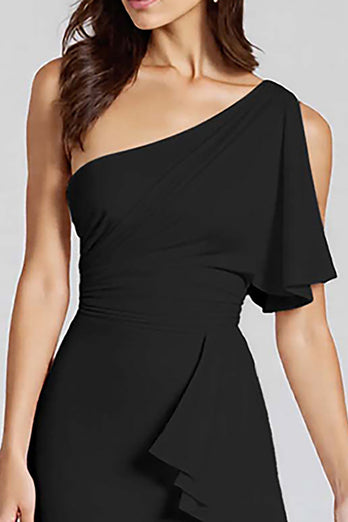 Black One Shoulder Satin Midi Cocktail Dress with Ruffles