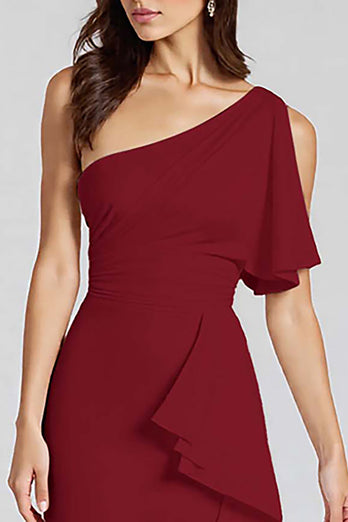 Black One Shoulder Satin Midi Cocktail Dress with Ruffles