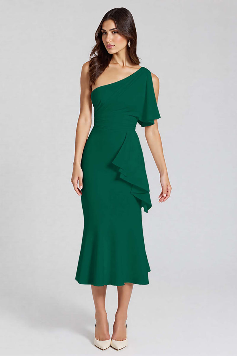 Load image into Gallery viewer, Ivory One Shoulder Satin Midi Cocktail Dress with Ruffles