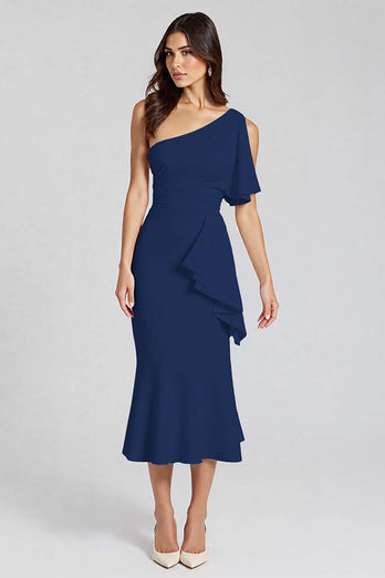 Ivory One Shoulder Satin Midi Cocktail Dress with Ruffles