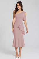 Load image into Gallery viewer, Ivory One Shoulder Satin Midi Cocktail Dress with Ruffles