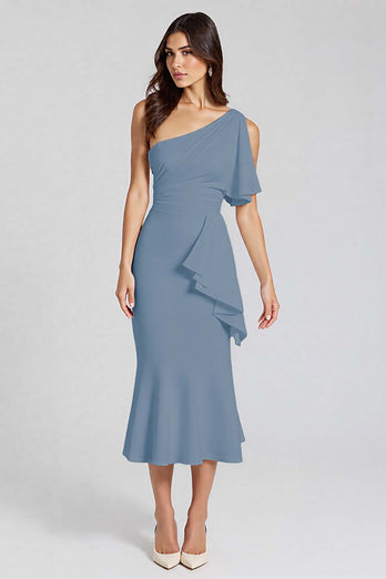 Ivory One Shoulder Satin Midi Cocktail Dress with Ruffles