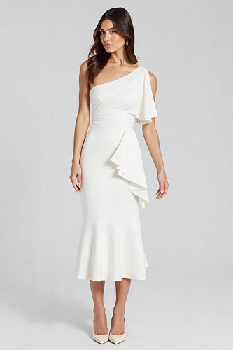 Ivory One Shoulder Satin Midi Cocktail Dress with Ruffles