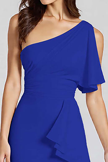 Black One Shoulder Satin Midi Cocktail Dress with Ruffles