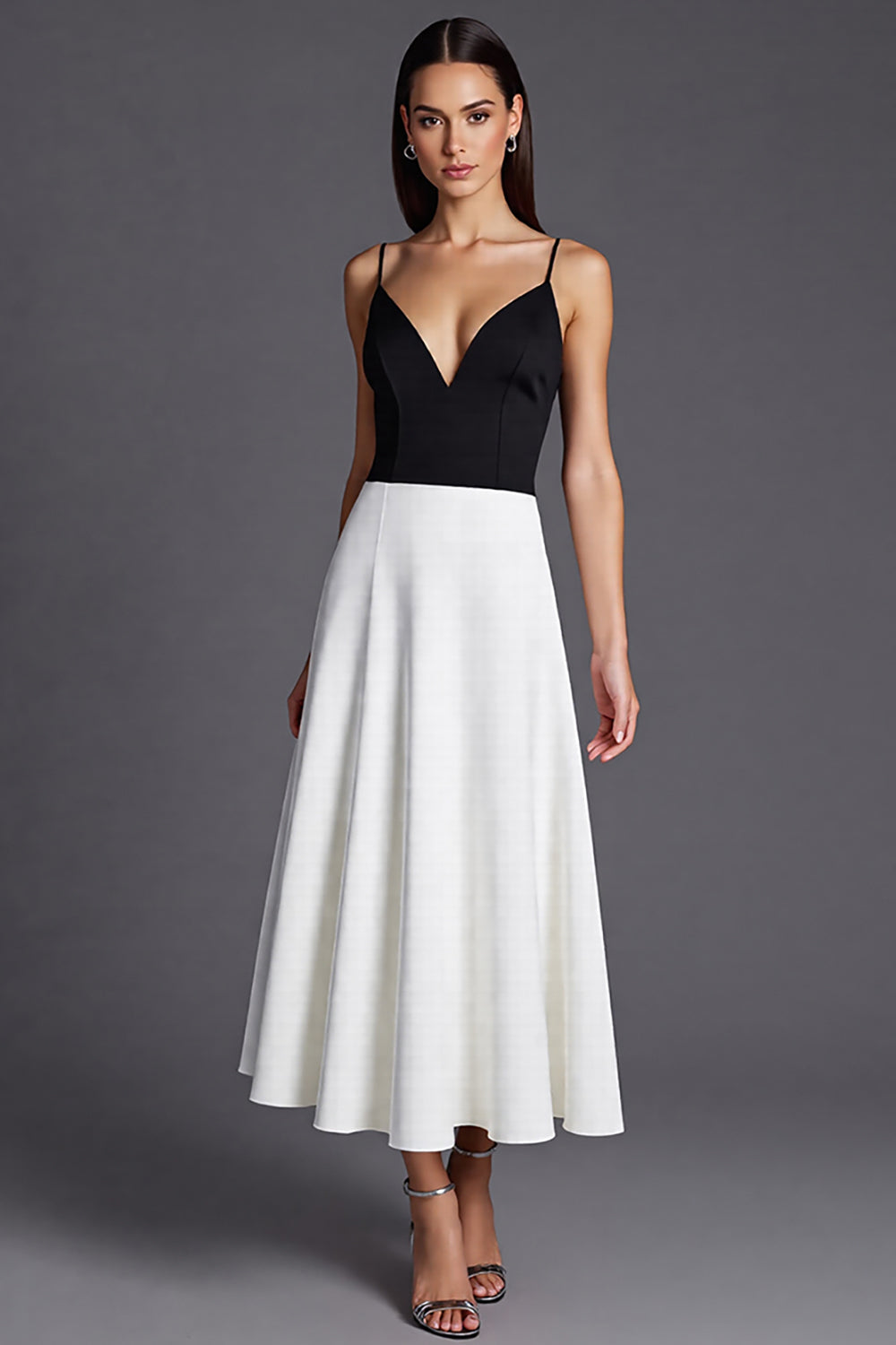 Black and White Satin Spaghetti Straps A Line Long Formal Dress