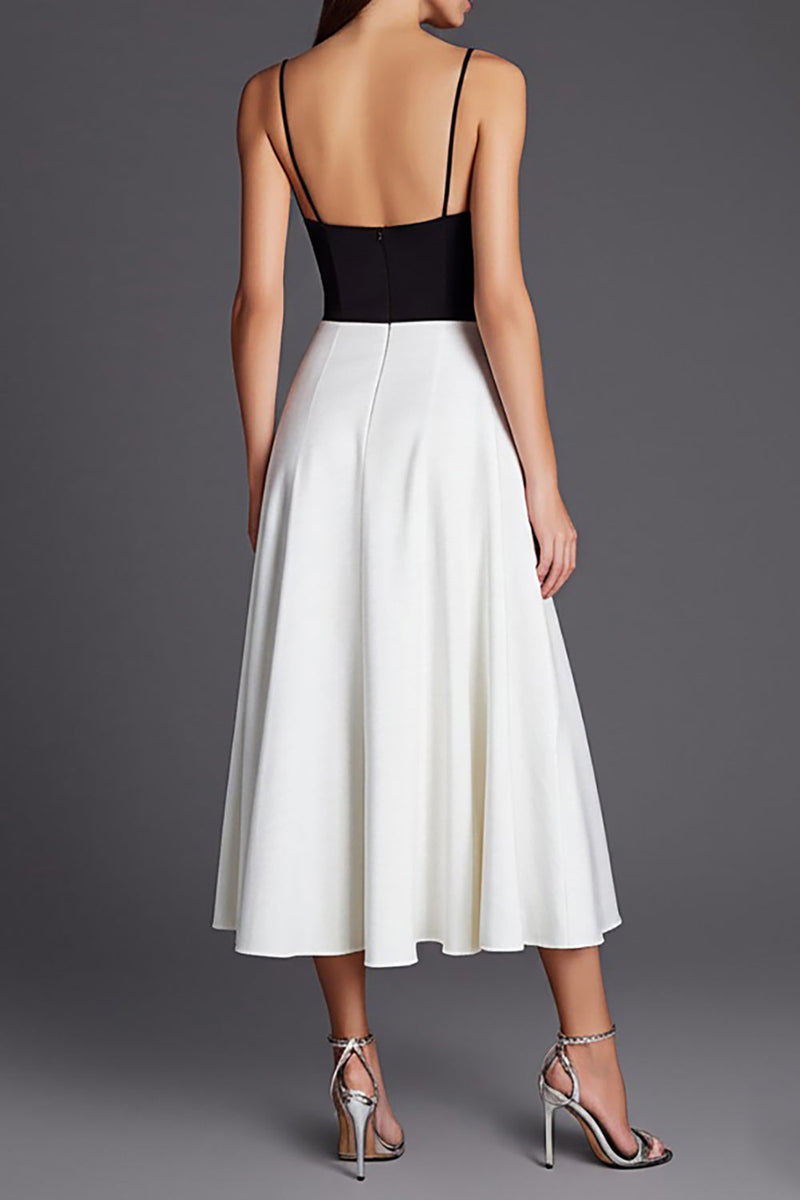 Load image into Gallery viewer, Black and White Satin Spaghetti Straps A Line Long Formal Dress