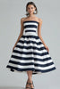 Load image into Gallery viewer, Navy White Strapless Stripe A Line Midi Cocktail Dress
