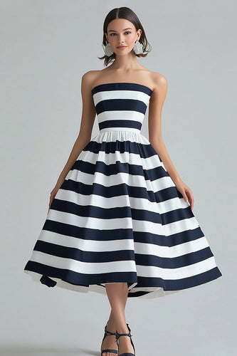 Navy White Strapless Stripe A Line Midi Cocktail Dress