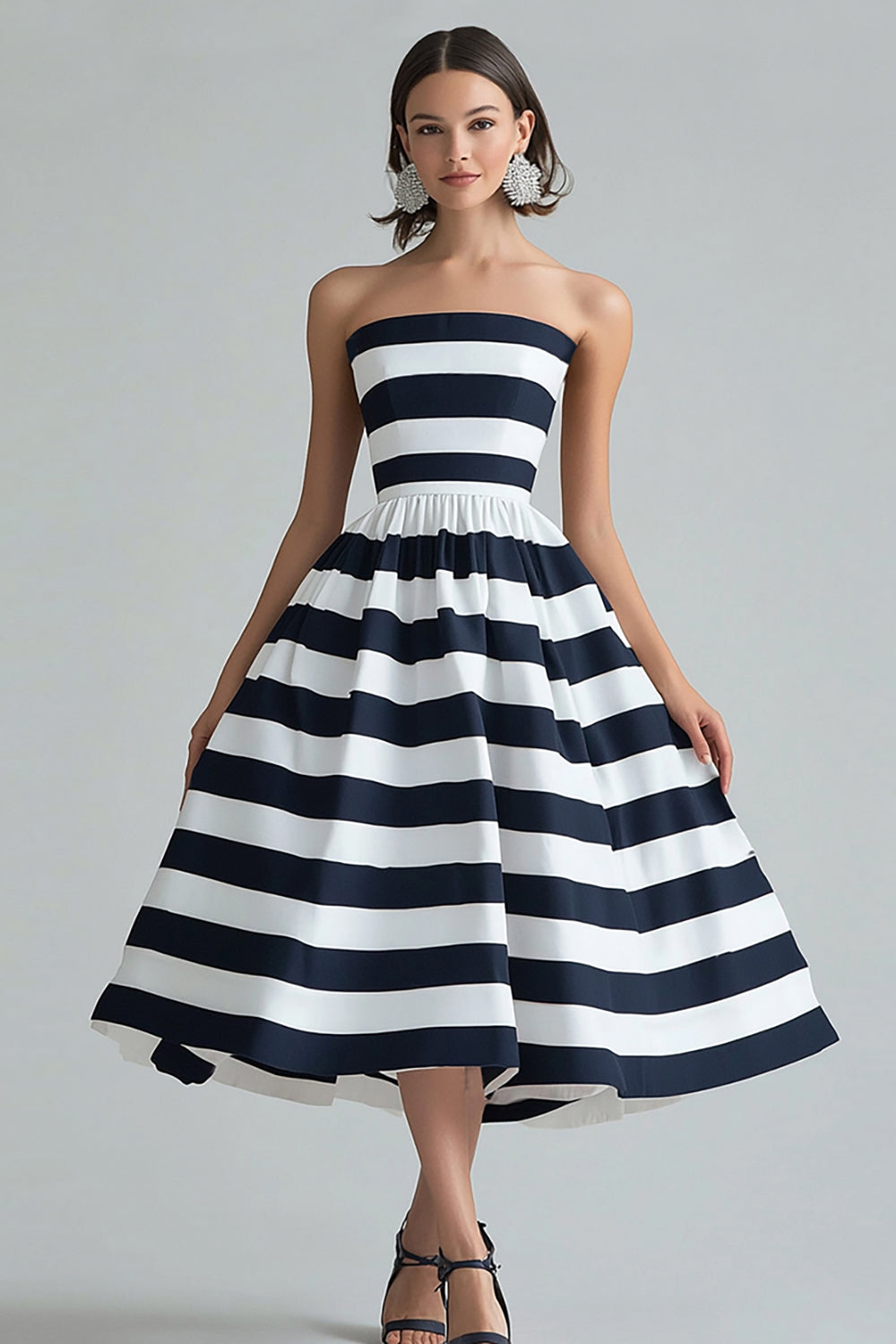 Navy White Strapless Stripe A Line Midi Cocktail Dress