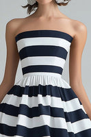 Load image into Gallery viewer, Navy White Strapless Stripe A Line Midi Cocktail Dress