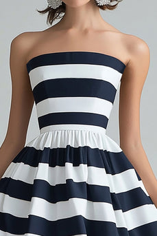 Navy White Strapless Stripe A Line Midi Cocktail Dress