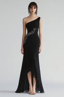 Load image into Gallery viewer, Sparkly Chiffon One Shoulder Long Black Tie Dress with Beading