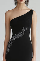 Load image into Gallery viewer, Sparkly Chiffon One Shoulder Long Black Tie Dress with Beading