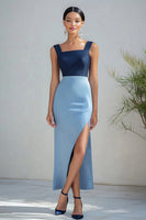 Load image into Gallery viewer, Blue Satin Sheath Patchwork Long Formal Dress with Slit