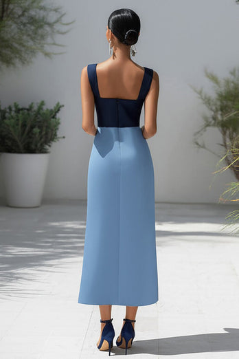 Blue Satin Sheath Patchwork Long Formal Dress with Slit