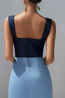 Load image into Gallery viewer, Blue Satin Sheath Patchwork Long Formal Dress with Slit